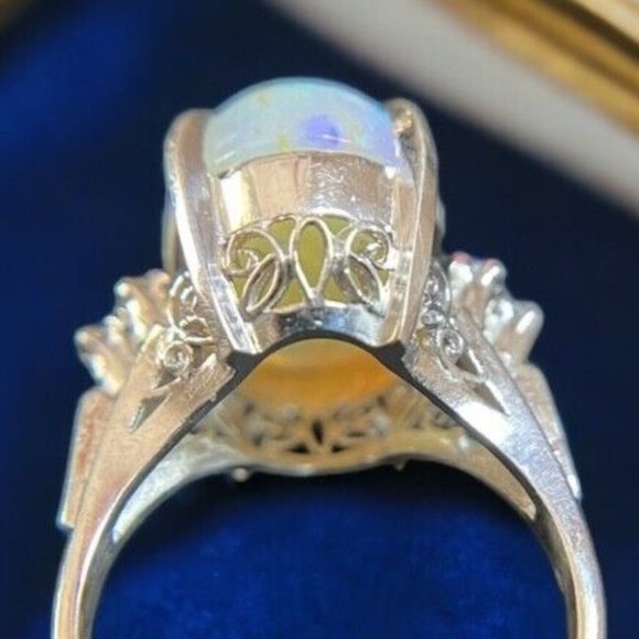 Genuine 7.2 CT Opal Stone + Diamonds White Platinum 900 Gold Ring US Sz 5.75 - Picture 5 of 14